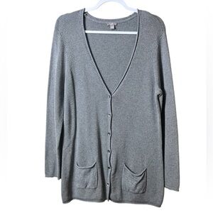 J.Jill Cotton Knit Button Front Cardigan Sweater Gray Petite Large Minimalist